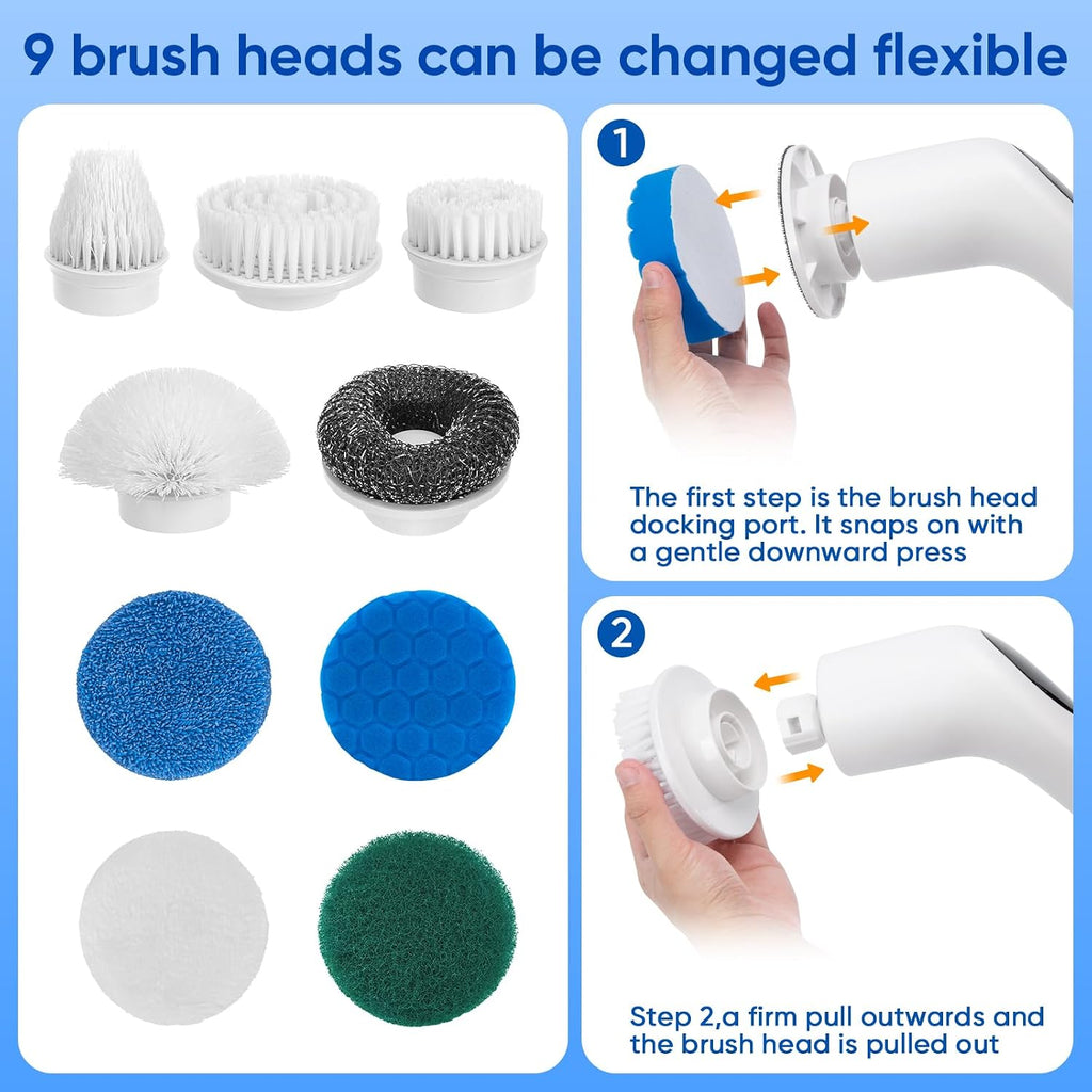 SOLV Replacement Brush Heads - 9 Piece Universal Spin Scrubber Head Set for Bathroom, Tile, Grout, Floor & Car