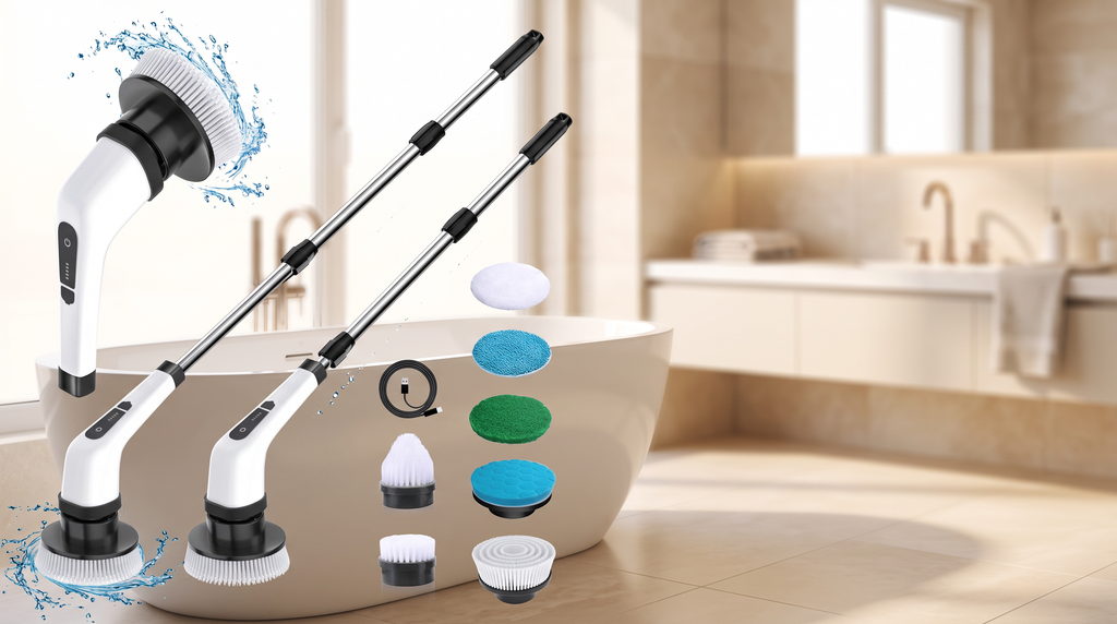 SOLV cordless bathroom scrubber styled in a modern bathroom setting with natural daylight