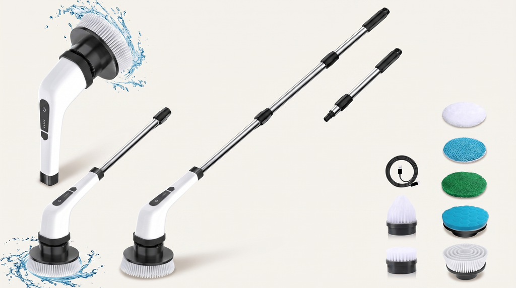SOLV spin scrubber full kit showing extendable pole, handle, brush heads and USB-C charging cable