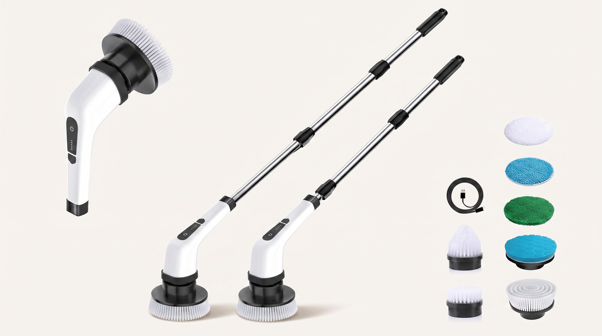 SOLV electric spin scrubber and full accessory set on a warm neutral background