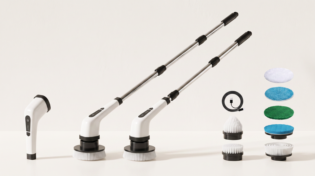 SOLV cordless electric spin scrubber with extendable handle and 8 replaceable brush heads on a clean studio background