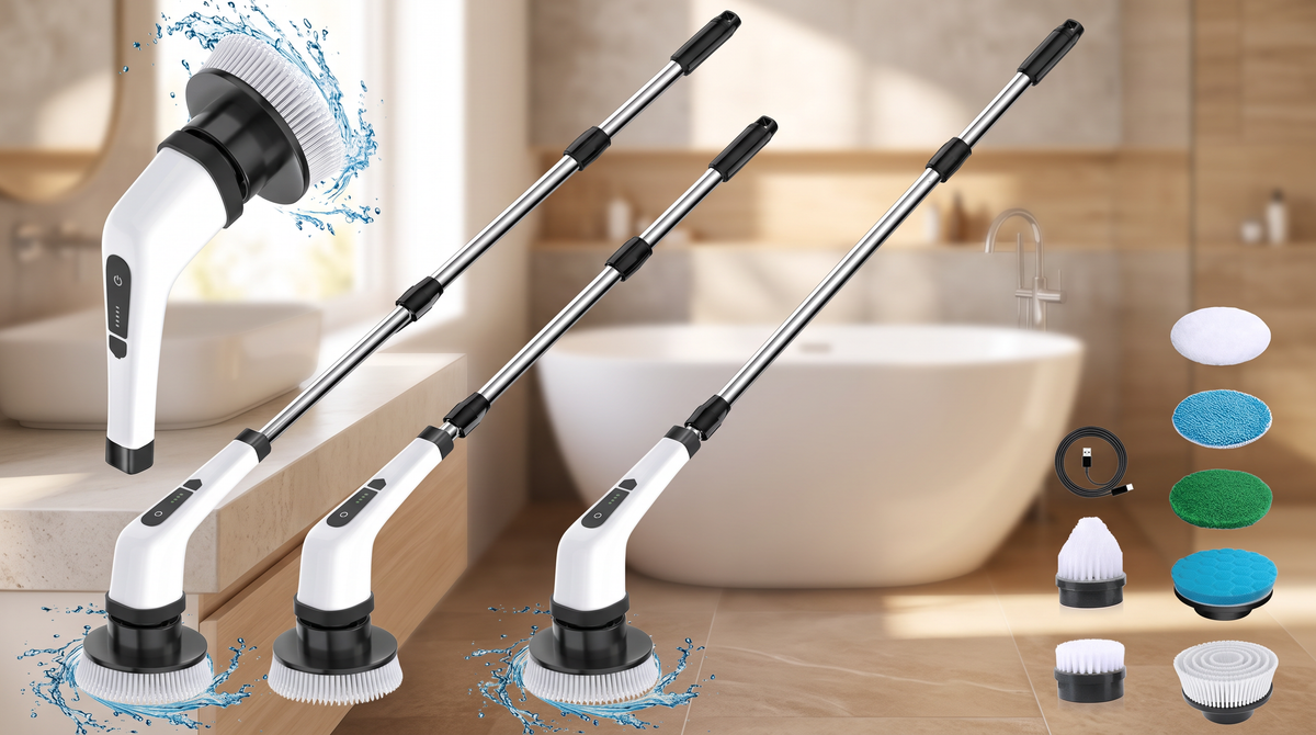 SOLV electric spin scrubber in a bright modern bathroom beside a white bathtub